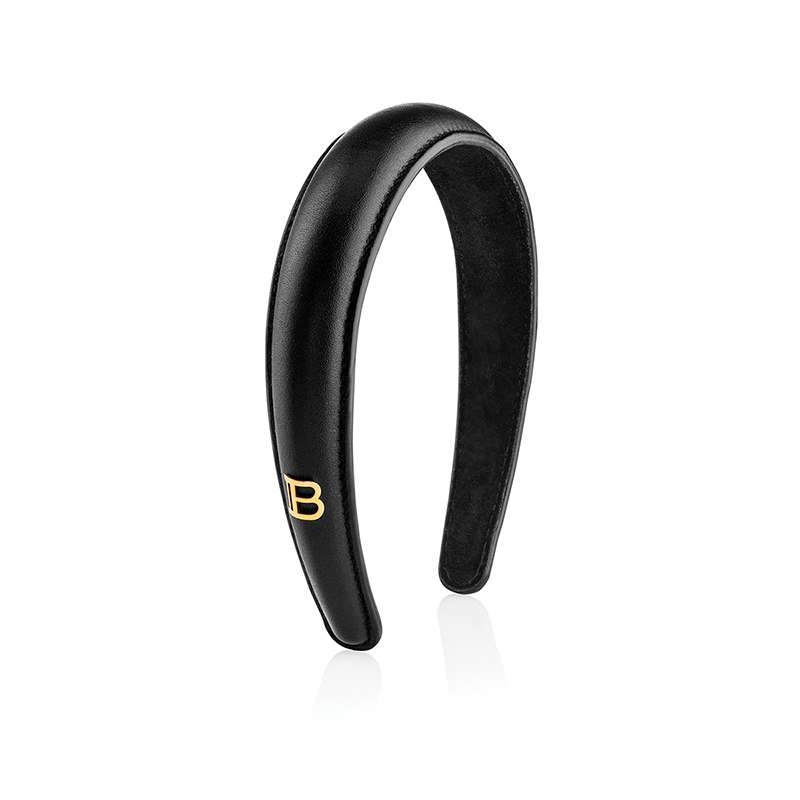 Black Leather Headband with Gold Plated Logo